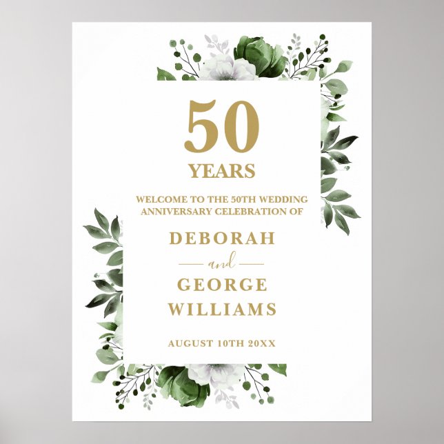 Floral Gold 50. Hochzeitstag Begrüßungszeichen Poster (Vorne)