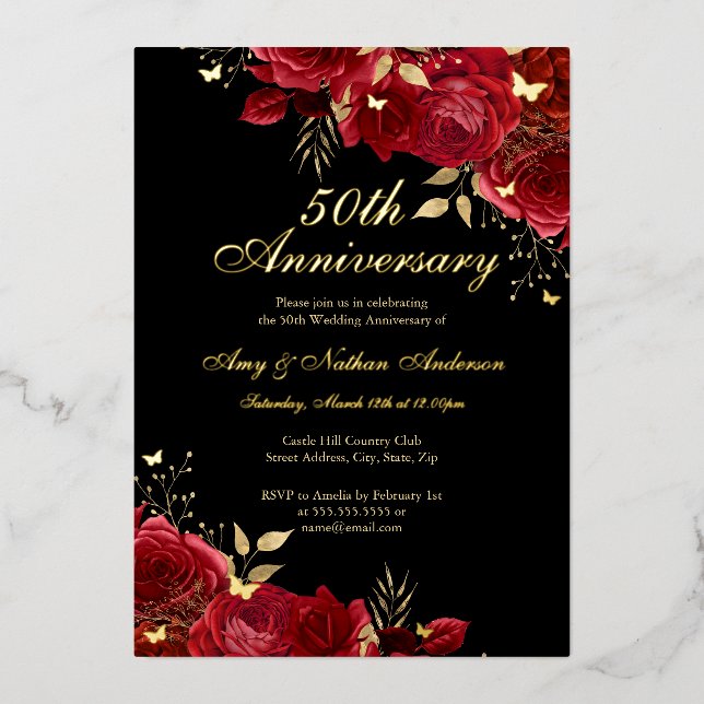 Floral Gold 50. Hochzeitstag Folieneinladung (Vorderseite)