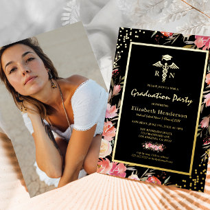 Floral Gold Absolventenfeier Pflegeschule Echtes G Folieneinladung