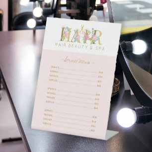 Floral gold and pink hair salon services list sockelschild