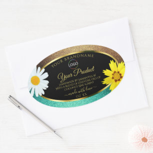 Floral Gold Aquamarin Glitzer Black Product Labels Ovaler Aufkleber