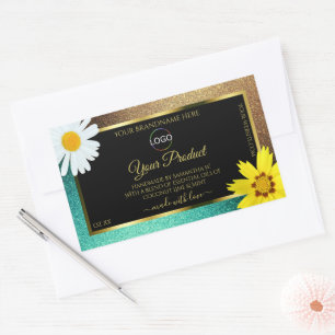 Floral Gold Aquamarin Glitzer Black Product Labels Rechteckiger Aufkleber