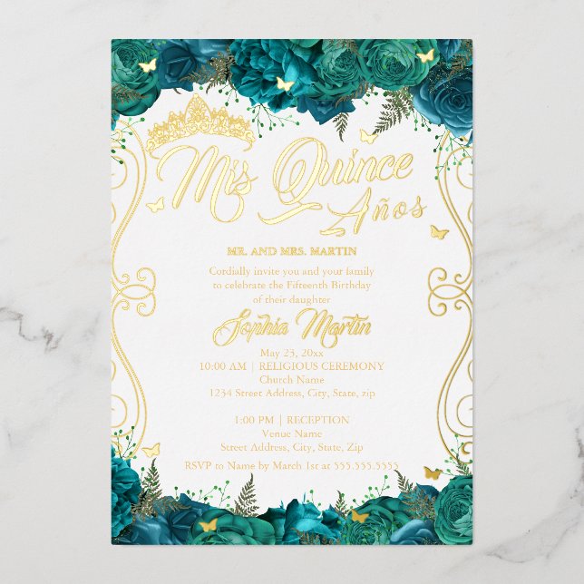 Floral Gold Aquamarin Scroll Mis Quince Quinceaner Folieneinladung (Vorderseite)