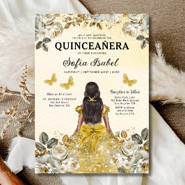 Floral Gold Bilingual Spanish Quinceanera Einladung