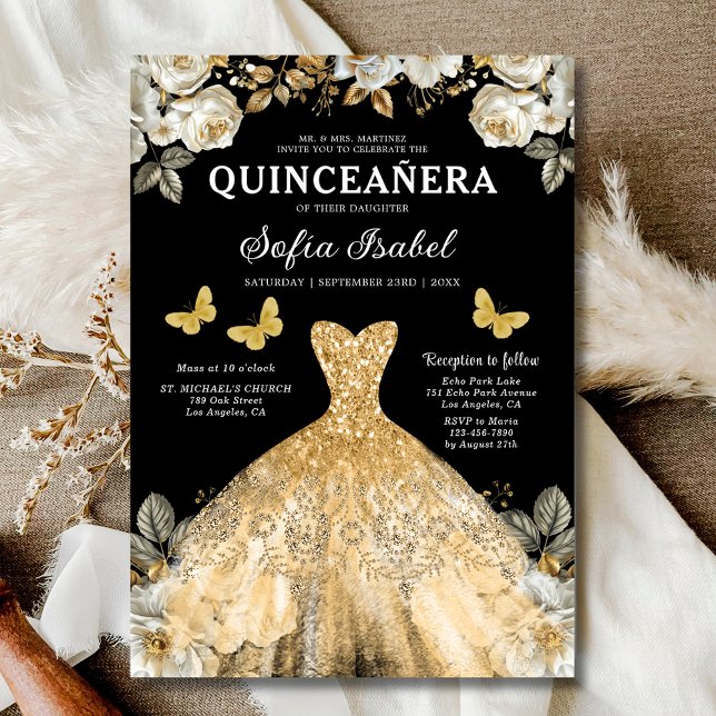 Floral Gold Bilingual Spanish Quinceanera Einladung (Von Creator hochgeladen)