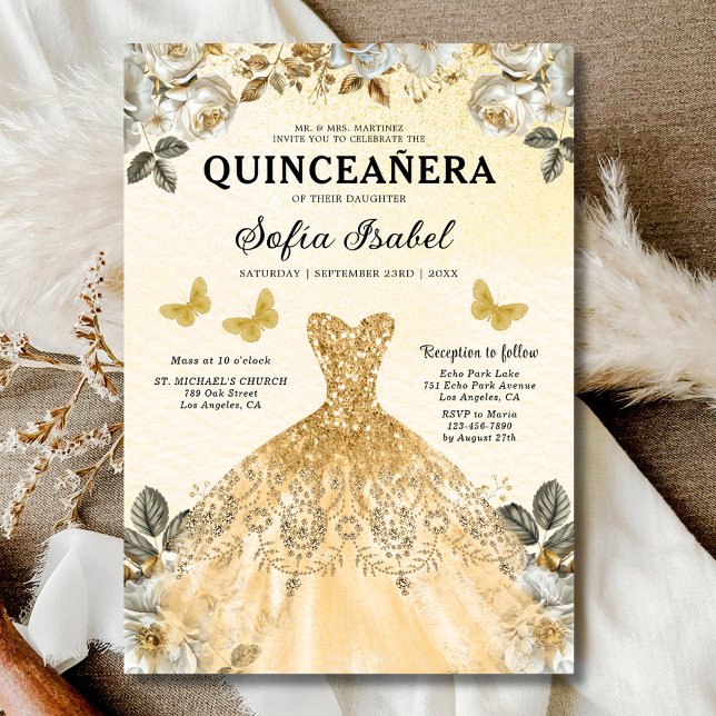 Floral Gold Bilingual Spanish Quinceanera Einladung (Von Creator hochgeladen)