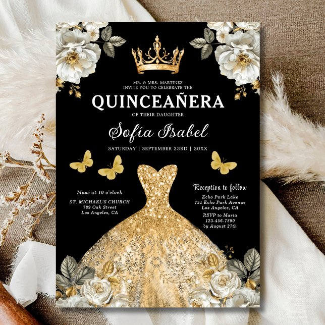 Floral Gold Bilingual Spanish Quinceanera Einladung (Von Creator hochgeladen)