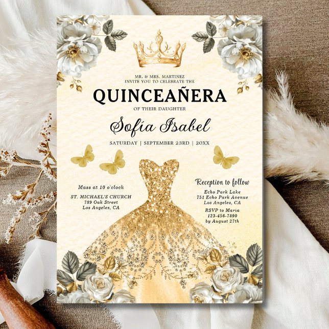 Floral Gold Bilingual Spanish Quinceanera Einladung (Von Creator hochgeladen)