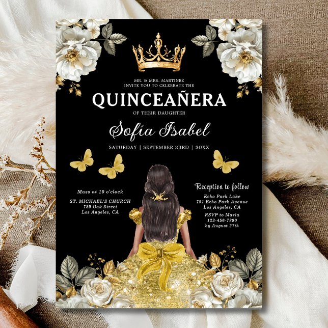 Floral Gold Bilingual Spanish Quinceanera Einladung (Von Creator hochgeladen)