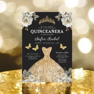 Floral Gold Bilingual Spanish Quinceanera Einladung