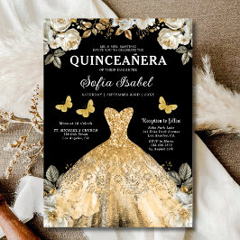 Floral Gold Black Butterfly Princess Quinceanera Einladung