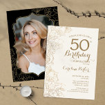 Floral Gold Black Foto 50. Geburtstagsparty Einladung<br><div class="desc">Blumenschwarz Gold Foto 50. Geburtstagsparty Einladung. Minimalistisches modernes Design mit botanischen Kontur Zeichnungen Akzente und Typografie Drehbuch Schriftart. Einfache,  trendige Einladungskarte für eine stilvolle Damenfeier. Kann für jedes Alter angepasst werden. Gedruckte Zazzle Einladungen oder Sofortdownload digitalen druckbaren Vorlage.</div>