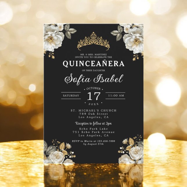 Floral Gold Black Princess Quinceanera Einladung (Von Creator hochgeladen)