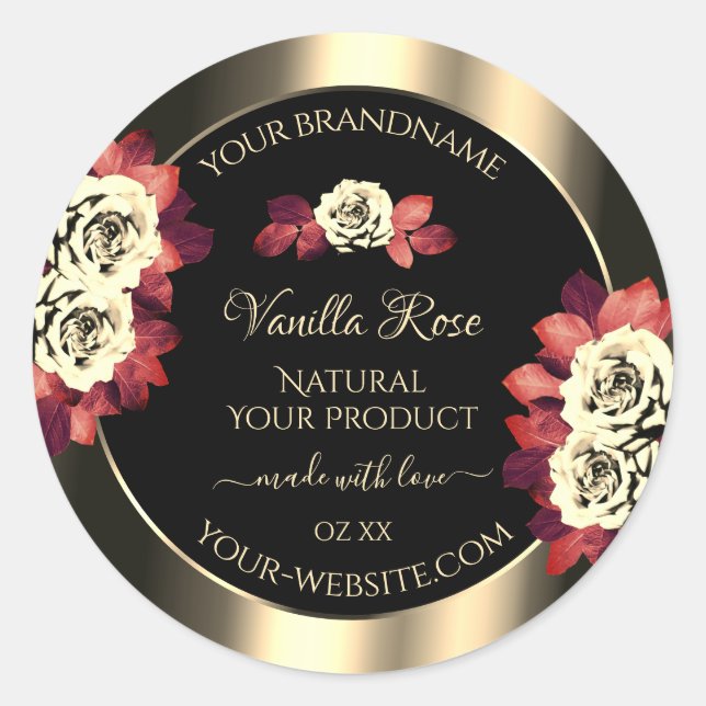 Floral Gold Black Product Labels Red Cream Rose Runder Aufkleber (Vorderseite)