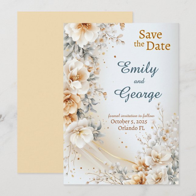 Floral Gold Bliss Save the Date Einladung Hochzeit (Vorne/Hinten)
