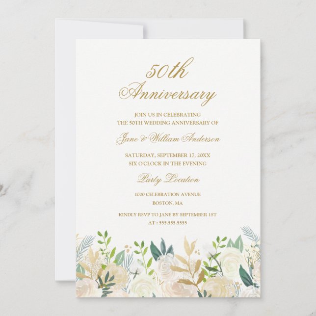 Floral Gold Botanische 50. Hochzeitstag Einladung (Vorderseite)