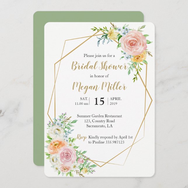 Floral gold Brautdusche Einladung (Vorne/Hinten)