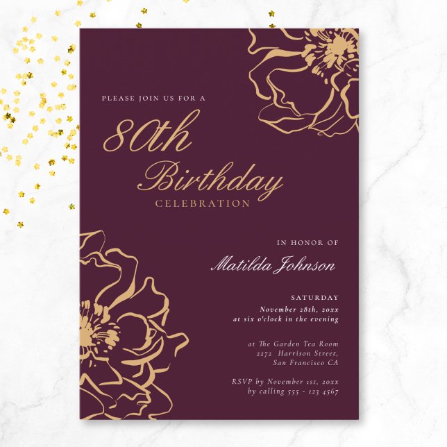 Floral Gold Burgund 80. Geburtstag Einladung (Floral Gold Burgundy 80th Birthday Invitation)
