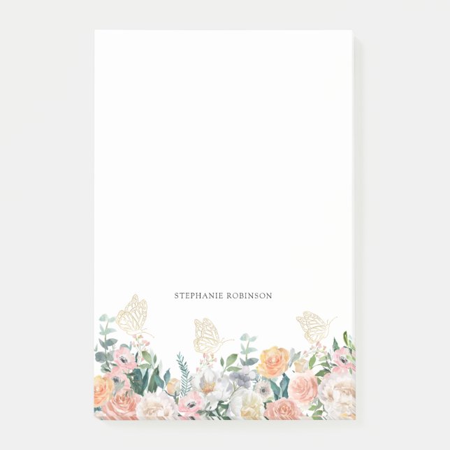Floral Gold Butterfly Monogram Personalisiert Post-it Klebezettel (Vorderseite)