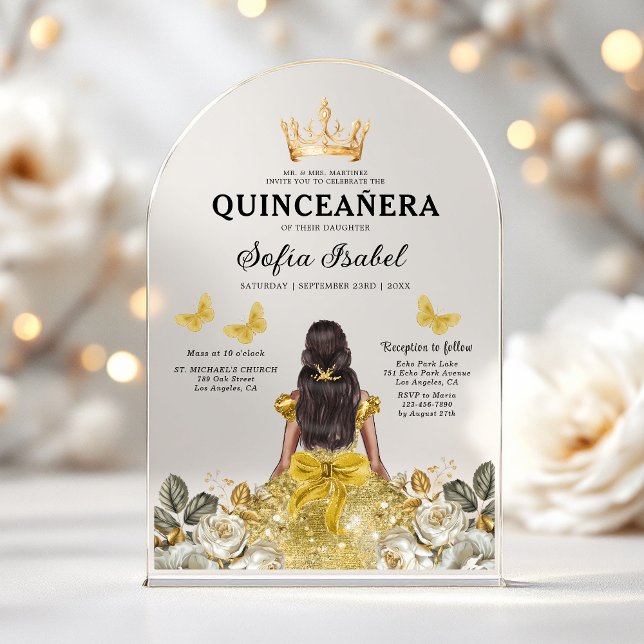 Floral Gold Butterfly Princess Quinceanera Acryleinladungen (Von Creator hochgeladen)