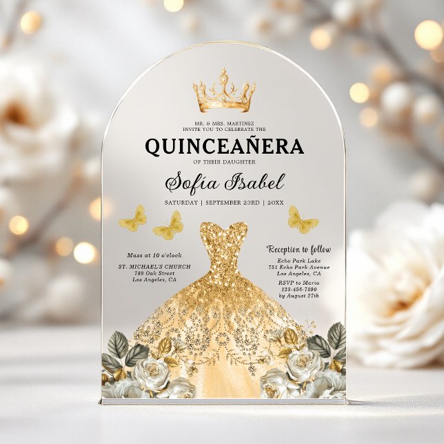 Floral Gold Butterfly Princess Quinceanera Acryleinladungen (Von Creator hochgeladen)