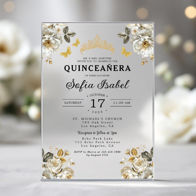Floral Gold Butterfly Princess Quinceanera Acryleinladungen (Von Creator hochgeladen)