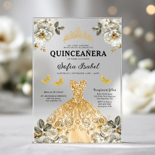 Floral Gold Butterfly Princess Quinceanera Acryleinladungen