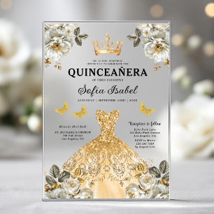 Floral Gold Butterfly Princess Quinceanera Acryleinladungen