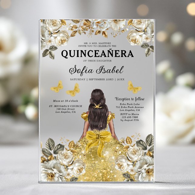 Floral Gold Butterfly Princess Quinceanera Acryleinladungen (Von Creator hochgeladen)