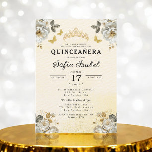 Floral Gold Butterfly Princess Quinceanera Einladung