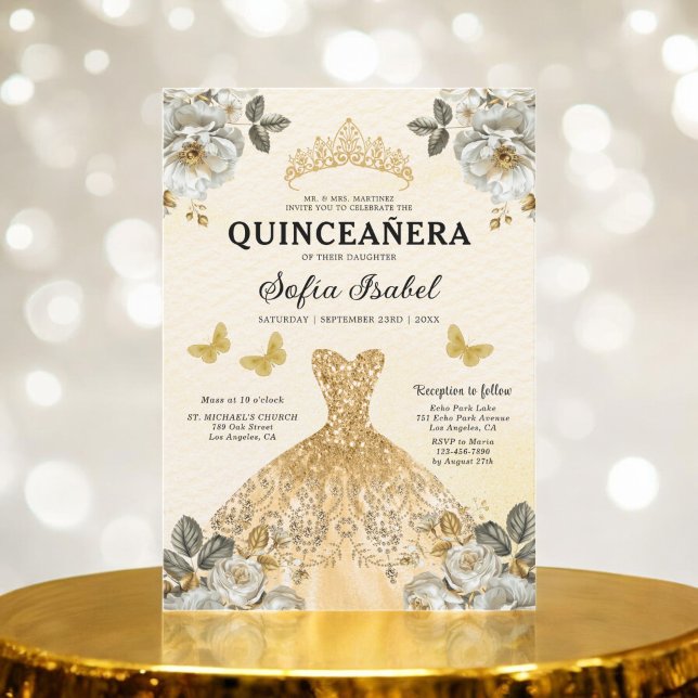 Floral Gold Butterfly Princess Quinceanera Einladung (Von Creator hochgeladen)
