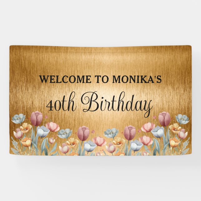 Floral Gold Foil Happy Birthday Banner (Horizontal)