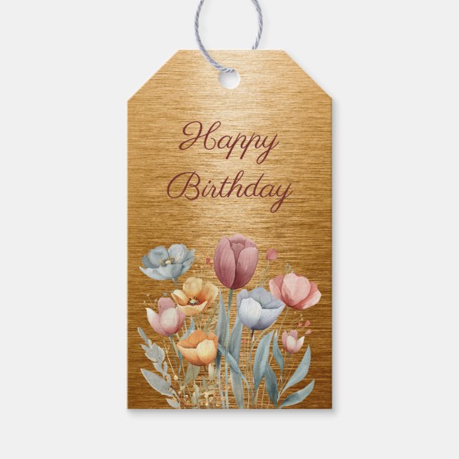 Floral Gold Foil Happy Birthday Geschenkanhänger (Vorderseite)