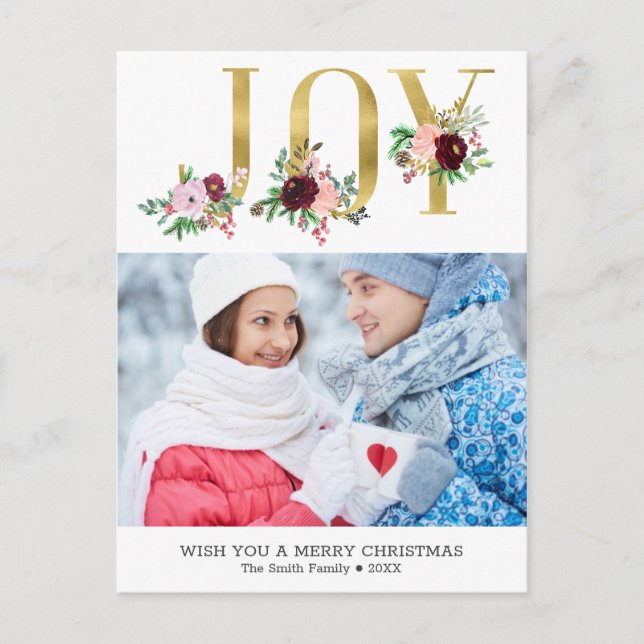 Floral Gold Foil Joy Custom Foto Weihnachten Postkarte (Vorderseite)