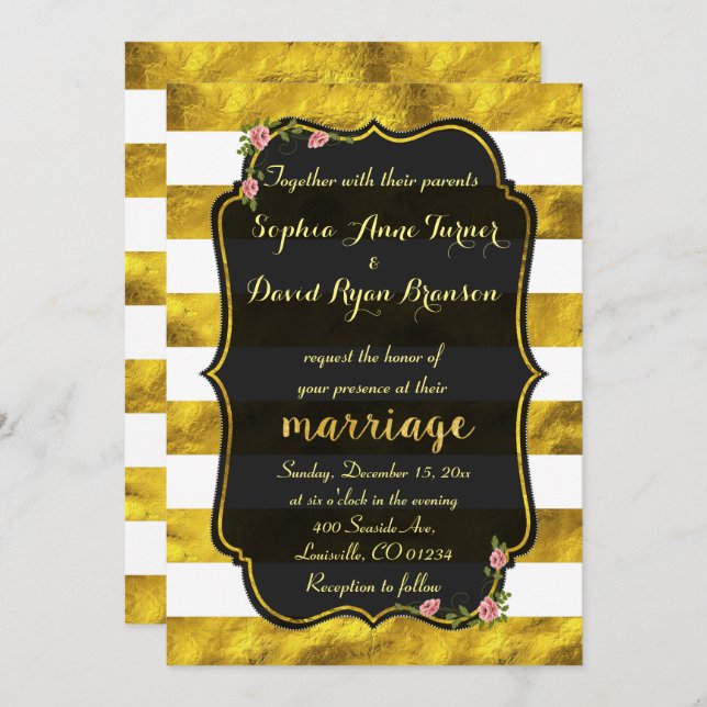 Floral Gold Foil Streifen Black Wedding Einladung (Vorne/Hinten)