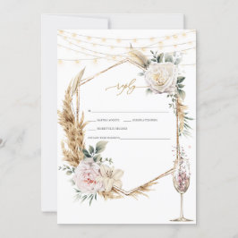 Floral Gold Frame Champagne Glass Wedding RSVP Einladung