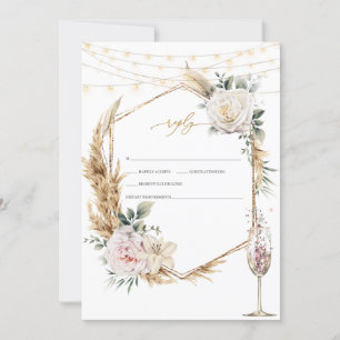 Floral Gold Frame Champagne Glass Wedding RSVP Einladung