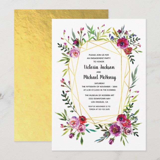 Floral Gold Geometric Crystal Engagement Party Einladung (Vorne/Hinten)