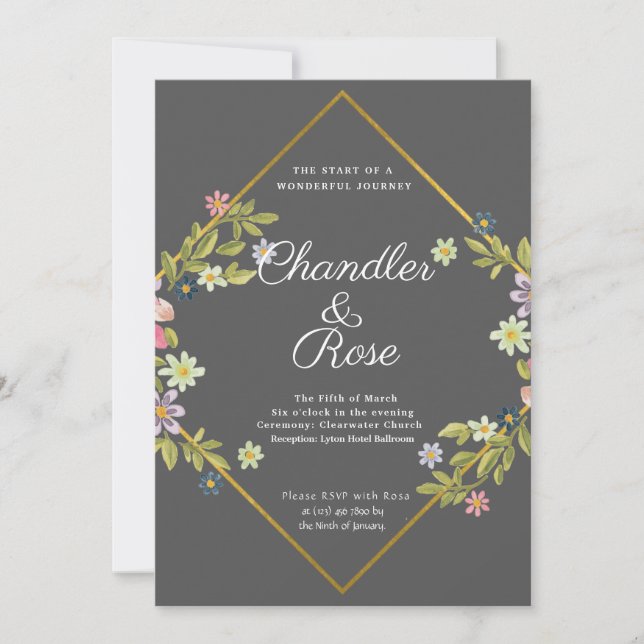 Floral Gold Geometric Minimalistisch Gray Wedding Einladung (Vorderseite)