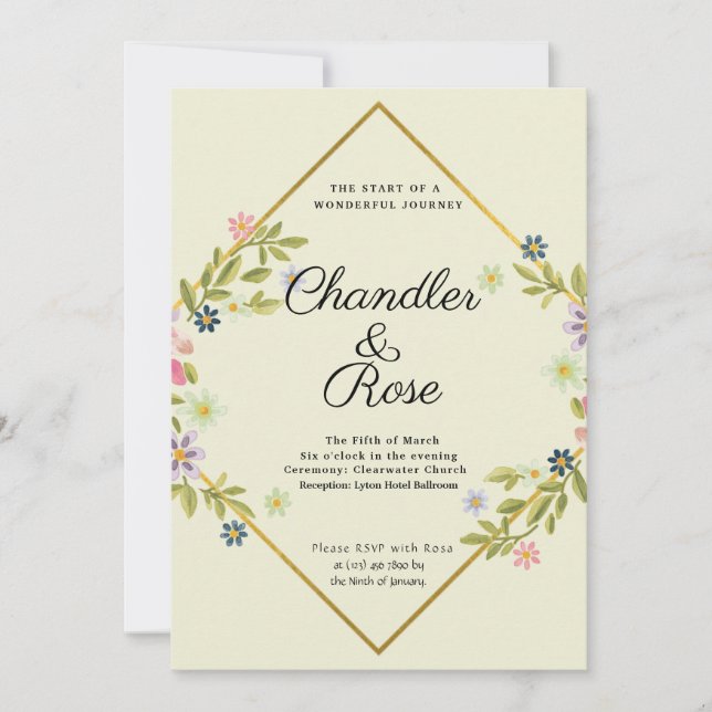 Floral Gold Geometric Minimalistisch Green Wedding Einladung (Vorderseite)