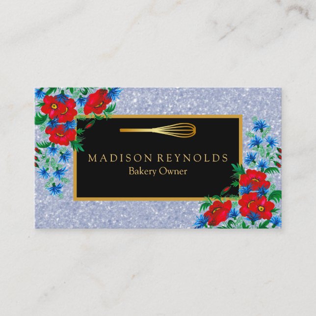 Floral Gold Glitzer Bäckerei Koch Whisk Logo Gesch Visitenkarte (Vorderseite)