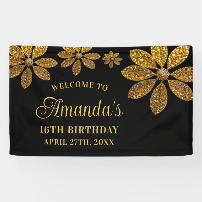 Floral Gold Glitzer Blume Sweet 16 Birthday Banner (Horizontal)