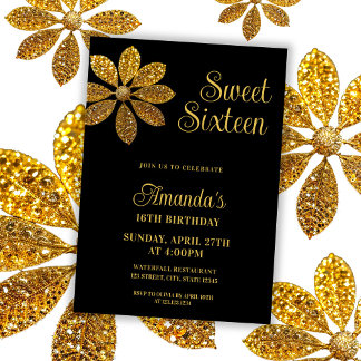 Floral Gold Glitzer Blume Sweet 16 Birthday Einladung