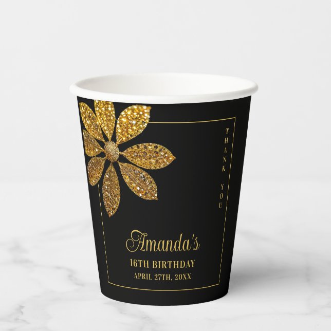 Floral Gold Glitzer Blume Sweet 16 Birthday Pappbecher (Vorderseite)