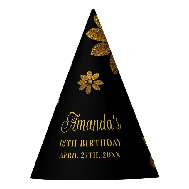 Floral Gold Glitzer Blume Sweet 16 Birthday Partyhütchen (Vorderseite)