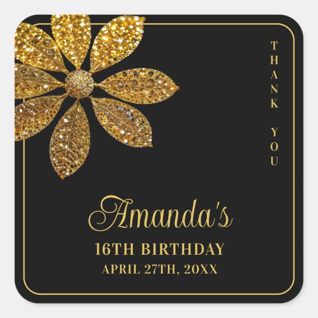 Floral Gold Glitzer Blume Sweet 16 Birthday Quadratischer Aufkleber (Vorderseite)