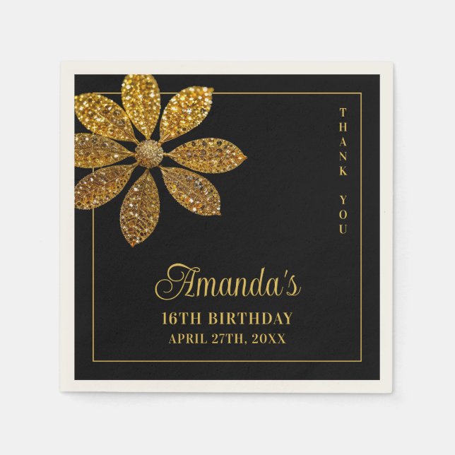 Floral Gold Glitzer Blume Sweet 16 Birthday Serviette (Vorderseite)