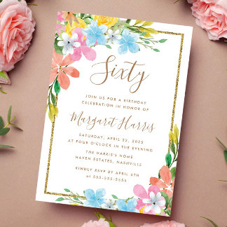 Floral Gold Glitzer Border 60. 60. Geburtstag Einladung