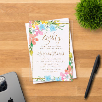 Floral Gold Glitzer Border 80. Geburtstag Acryleinladungen