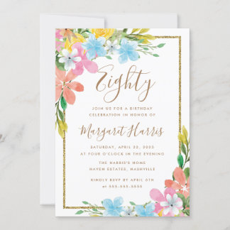 Floral Gold Glitzer Border 80. Geburtstag Einladung